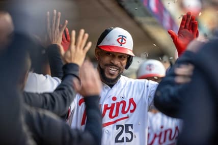 Apr 27, 2023; Minneapolis, Minnesota, USA; Minnesota Twins designated hitter Byron Buxton (25) celebrates with teammates after hitting a three run home run in the fourth inning against the Kansas City Royals at Target Field. Mandatory Credit: Jesse Johnson-USA TODAY Sports