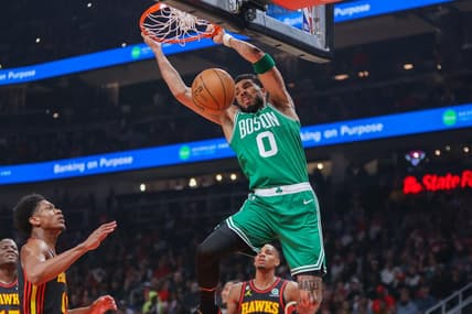 Apr 27, 2023; Atlanta, Georgia, USA; Boston Celtics forward Jayson Tatum (0) dunks the ball against the Atlanta Hawks in the first quarter during game six of the 2023 NBA playoffs at State Farm Arena. Mandatory Credit: Brett Davis-USA TODAY Sports