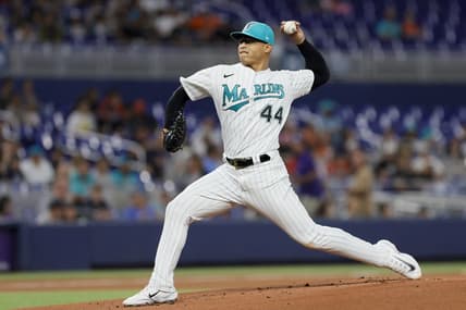 Apr 28, 2023; Miami, Florida, USA; Miami Marlins starting pitcher Jesus Luzardo (44) delivers a pitch during the first inning against the Chicago Cubs at loanDepot Park. Mandatory Credit: Sam Navarro-USA TODAY Sports