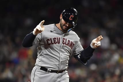 Apr 28, 2023; Boston, Massachusetts, USA; Cleveland Guardians catcher Mike Zunino (10) hits a home run during the fourth inning against the Boston Red Sox at Fenway Park. Mandatory Credit: Bob DeChiara-USA TODAY Sports