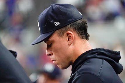 Apr 28, 2023; Arlington, Texas, USA; New York Yankees center fielder Aaron Judge (99) sits in the dugout during during the eighth inning against the Texas Rangers at Globe Life Field. Mandatory Credit: Raymond Carlin III-USA TODAY Sports