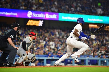 Apr 28, 2023; Los Angeles, California, USA; Los Angeles Dodgers right fielder Jason Heyward (23) hits an RBI double against the St. Louis Cardinals during the third inning at Dodger Stadium. Mandatory Credit: Gary A. Vasquez-USA TODAY Sports