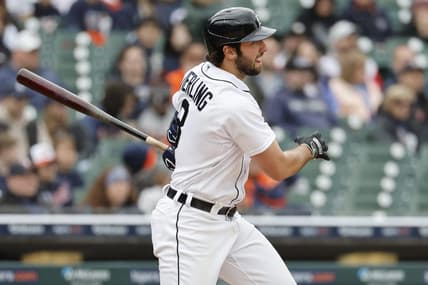 Apr 29, 2023; Detroit, Michigan, USA;  Detroit Tigers right fielder Matt Vierling (8) hits an RBI double in the third inning against the Baltimore Orioles at Comerica Park. Mandatory Credit: Rick Osentoski-USA TODAY Sports