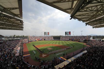 Apr 29, 2023; Mexico City, Mexico; A general overall view of the playing of the Mexican national anthem during a MLB World Tour game between the San Diego Padres and the San Francisco Giants at Estadio Alfredo Harp Helu. Mandatory Credit: Kirby Lee-USA TODAY Sports