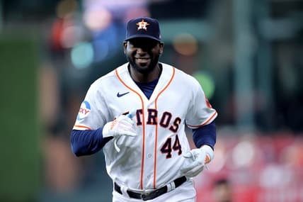 Apr 29, 2023; Houston, Texas, USA; Houston Astros designated hitter Yordan Alvarez (44) prior to the game against the Philadelphia Phillies at Minute Maid Park. Mandatory Credit: Erik Williams-USA TODAY Sports