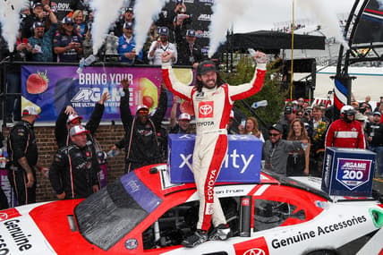 Apr 29, 2023; Dover, Delaware, USA; NASCAR Xfinity Series driver Ryan Truex (19) celebrates in victory lane after winning the A-GAME 200 at Dover Motor Speedway. Mandatory Credit: Matthew OHaren-USA TODAY Sports