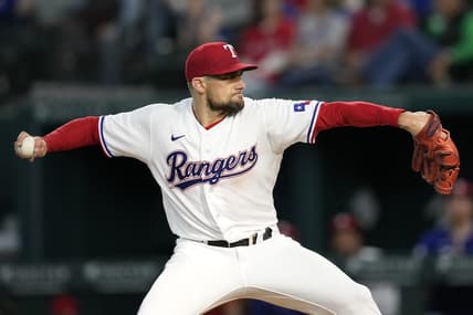 Apr 29, 2023; Arlington, Texas, USA; Texas Rangers starting pitcher Nathan Eovaldi (17) delivers a pitch to the New York Yankees during the first inning at Globe Life Field. Mandatory Credit: Jim Cowsert-USA TODAY Sports