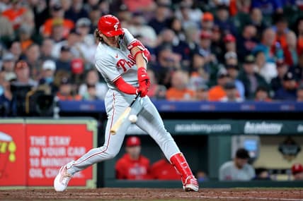 Apr 29, 2023; Houston, Texas, USA; Philadelphia Phillies third baseman Alec Bohm (28) hits an RBI double to right field against the Houston Astros during the eighth inning at Minute Maid Park. Mandatory Credit: Erik Williams-USA TODAY Sports