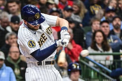 Apr 29, 2023; Milwaukee, Wisconsin, USA; Milwaukee Brewers second baseman Owen Miller (6) hits a double against the Los Angeles Angels in the third inning at American Family Field. Mandatory Credit: Benny Sieu-USA TODAY Sports