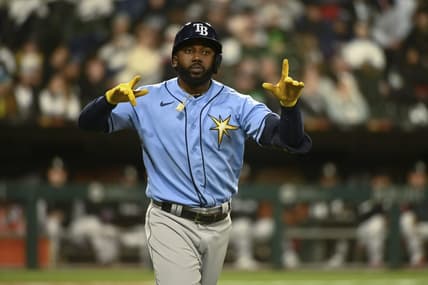 Apr 29, 2023; Chicago, Illinois, USA; Tampa Bay Rays left fielder Randy Arozarena (56) after he hits a three run home run against the Chicago White Sox during the seventh inning at Guaranteed Rate Field. Mandatory Credit: Matt Marton-USA TODAY Sports