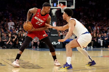 Apr 30, 2023; New York, New York, USA; Miami Heat forward Jimmy Butler (22) controls the ball against New York Knicks guard Quentin Grimes (6) during the second quarter of game one of the 2023 NBA Eastern Conference semifinal playoffs at Madison Square Garden. Mandatory Credit: Brad Penner-USA TODAY Sports