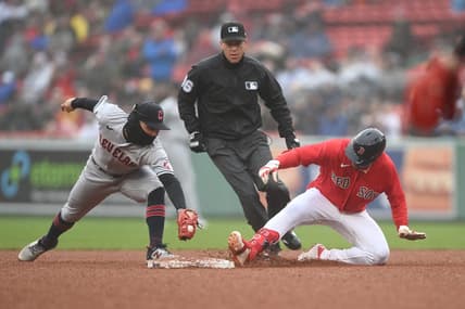 Apr 30, 2023; Boston, Massachusetts, USA; Boston Red Sox second baseman Enmanuel Valdez (47) slides into second base for a double against the Cleveland Guardiansduring the eighth inning at Fenway Park. Mandatory Credit: Brian Fluharty-USA TODAY Sports