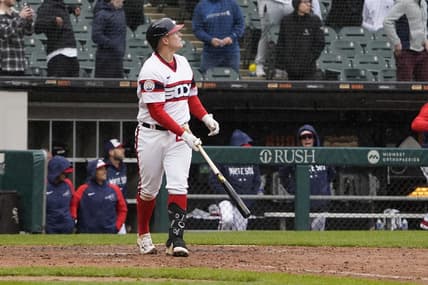 Apr 30, 2023; Chicago, Illinois, USA; Chicago White Sox first baseman Andrew Vaughn (25) watches his game-winning three-run home run against the Tampa Bay Rays during the ninth inning at Guaranteed Rate Field. Mandatory Credit: David Banks-USA TODAY Sports