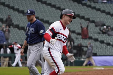 Apr 30, 2023; Chicago, Illinois, USA; Chicago White Sox first baseman Andrew Vaughn (25) runs the bases after hitting a game-winning three-run home run against the Tampa Bay Rays during the ninth inning at Guaranteed Rate Field. Mandatory Credit: David Banks-USA TODAY Sports