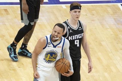 April 30, 2023; Sacramento, California, USA; Golden State Warriors guard Stephen Curry (30) celebrates in front of Sacramento Kings guard Kevin Huerter (9) during the fourth quarter in game seven of the 2023 NBA playoffs first round at Golden 1 Center. Mandatory Credit: Kyle Terada-USA TODAY Sports
