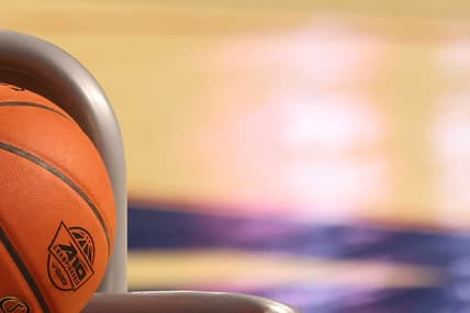 Mar 4, 2021; Richmond, Virginia, USA; A view of an official game ball resting in a rack prior to the start of the second half of the game between the George Mason Patriots and the George Washington Colonials in the second round of the 2021 Atlantic 10 Conference Tournament at Robins Center. Mandatory Credit: Geoff Burke-USA TODAY Sports