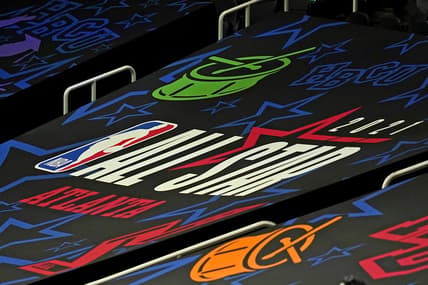 Mar 7, 2021; Atlanta, Georgia, USA;  a view of the All Start Game logo during the NBA All-Star 3 Point Contest at State Farm Arena. Mandatory Credit: Dale Zanine-USA TODAY Sports
