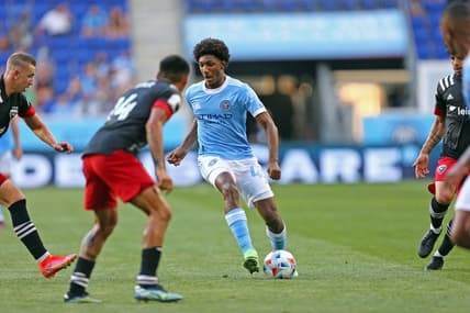 Jun 27, 2021; Harrison, New Jersey, USA; New York City FC forward Talles Magno (43) plays the ball during the second half of a game between D.C. United and NYCFC at Red Bull Arena. Mandatory Credit: Danny Wild-USA TODAY Sports