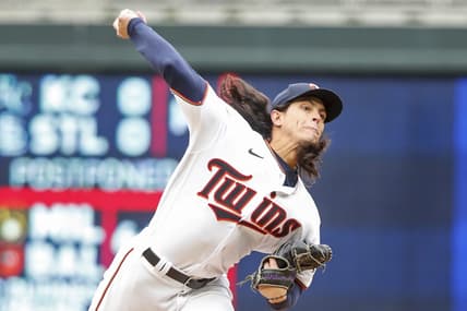Apr 13, 2022; Minneapolis, Minnesota, USA; Minnesota Twins relief pitcher Dereck Rodriguez (32) throws to the Los Angeles Dodgers in the eighth inning at Target Field. Mandatory Credit: Bruce Kluckhohn-USA TODAY Sports
