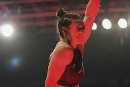 Apr 9, 2022; Jacksonville, Florida, USA; Mackenzie Dern (red gloves) after winning a fight against Tecia Torres (blue gloves) during UFC 273 at VyStar Veterans Memorial Arena. Mandatory Credit: David Yeazell-USA TODAY Sports