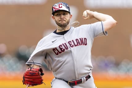 Jul 4, 2022; Detroit, Michigan, USA; Cleveland Guardians starting pitcher Konnor Pilkington (45) pitches during the first inning against the Detroit Tigers at Comerica Park. Mandatory Credit: Raj Mehta-USA TODAY Sports
