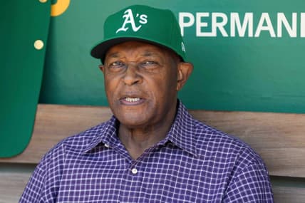 Aug 7, 2022; Oakland, California, USA; Oakland Athletics former pitcher Vida Blue sits in the dugout before the game against the San Francisco Giants at RingCentral Coliseum. Mandatory Credit: Darren Yamashita-USA TODAY Sports