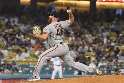Sep 6, 2022; Los Angeles, California, USA; San Francisco Giants relief pitcher Zack Littell (46) throws a pitch in the eighth inning against the Los Angeles Dodgers at Dodger Stadium. Mandatory Credit: Richard Mackson-USA TODAY Sports