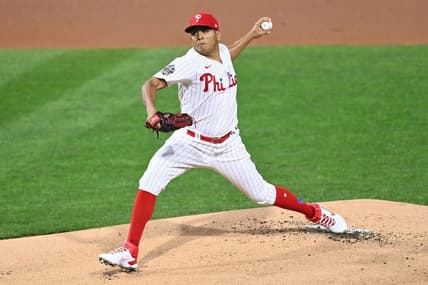 Nov 1, 2022; Philadelphia, PA, USA; Philadelphia Phillies starting pitcher Ranger Suarez (55) pitches against the Houston Astros in the first inning during game three of the 2022 World Series at Citizens Bank Park. Mandatory Credit: Kyle Ross-USA TODAY Sports