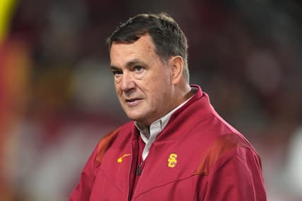 Nov 5, 2022; Los Angeles, California, USA; Southern California Trojans athletic director Mike Bohn reacts in the first half against the California Golden Bears at United Airlines Field at Los Angeles Memorial Coliseum. Mandatory Credit: Kirby Lee-USA TODAY Sports