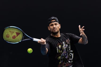 Jan 15, 2023; Melbourne, Victoria, Australia; Nick Kyrgios of Australia hits a shot during a practice session on court 16 at Melbourne Park. Mandatory Credit: Mike Frey-USA TODAY Sports