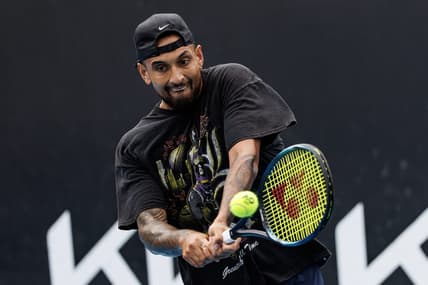 Jan 15, 2023; Melbourne, Victoria, Australia; Nick Kyrgios of Australia hits a shot during a practice session on court 16 at Melbourne Park. Mandatory Credit: Mike Frey-USA TODAY Sports