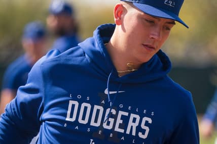 Feb 18, 2023; Glendale, AZ, USA; Los Angeles Dodgers pitcher Bobby Miller (95) practices drills during a spring training workout at Camelback Ranch. Mandatory Credit: Allan Henry-USA TODAY Sports