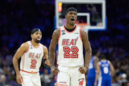 Feb 27, 2023; Philadelphia, Pennsylvania, USA; Miami Heat forward Jimmy Butler (22) reacts after regaining ball control against the Philadelphia 76ers during the third quarter at Wells Fargo Center. Mandatory Credit: Bill Streicher-USA TODAY Sports