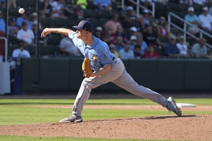 Mar 1, 2023; North Port, Florida, USA; Tampa Bay Rays relief pitcher Zack Burdi (91) throws a pitch in the ninth inning  at CoolToday Park. Mandatory Credit: Dave Nelson-USA TODAY Sports