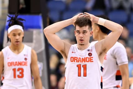 Mar 8, 2023; Greensboro, NC, USA; Syracuse Orange guard Joseph Girard III (11) reacts in the second half of the second round at Greensboro Coliseum. Mandatory Credit: Bob Donnan-USA TODAY Sports