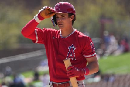 Mar 12, 2023; Phoenix, Arizona, USA; Los Angeles Angels right fielder Mickey Moniak (16) reacts after striking out against the Chicago White Sox during the first inning at Camelback Ranch-Glendale. Mandatory Credit: Joe Camporeale-USA TODAY Sports