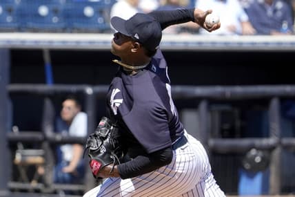 Mar 21, 2023; Tampa, Florida, USA; New York Yankees starting pitcher Luis Severino (40) throws a pitch against the Detroit Tigers during the first inning at George M. Steinbrenner Field. Mandatory Credit: Dave Nelson-USA TODAY Sports