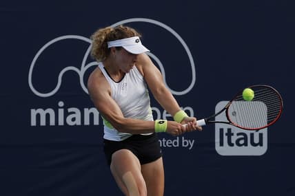 Mar 22, 2023; Miami, Florida, US; Anna-Lena Friedsam (GER) hits a backhand against Xinyu Wang (CHN) (not pictured) on day three of the Miami Open at Hard Rock Stadium. Mandatory Credit: Geoff Burke-USA TODAY Sports