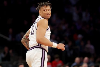 Mar 23, 2023; New York, NY, USA; Kansas State Wildcats forward Keyontae Johnson (11) reacts during the first half against the Michigan State Spartans at Madison Square Garden. Mandatory Credit: Brad Penner-USA TODAY Sports