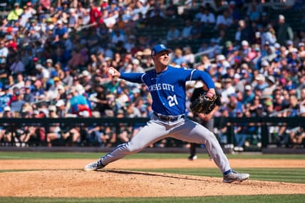 Mar 26, 2023; Mesa, Arizona, USA;  Kansas City pitcher Mike Mayers (21) on the mound in the sixth inning during a spring training game against the Chicago Cubs at Sloan Park. Mandatory Credit: Allan Henry-USA TODAY Sports