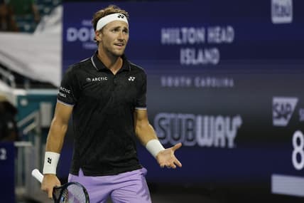 Mar 26, 2023; Miami, Florida, US; Casper Ruud (NOR) reacts after losing a point against Botic van de Zandschulp (NED) (not pictured) on day seven of the Miami Open at Hard Rock Stadium. Mandatory Credit: Geoff Burke-USA TODAY Sports