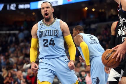 Mar 29, 2023; Memphis, Tennessee, USA; Memphis Grizzlies forward Dillon Brooks (24) reacts after a basket during the first half against the Los Angeles Clippers at FedExForum. Mandatory Credit: Petre Thomas-USA TODAY Sports