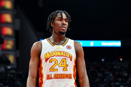 Mar 28, 2023; Houston, TX, USA; McDonald's All American East forward Mackenzie Mgbako (24) stands on the court during the first half against the McDonald's All American West at Toyota Center. Mandatory Credit: Maria Lysaker-USA TODAY Sports