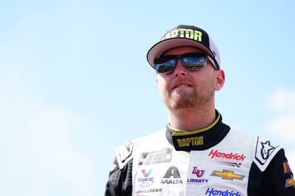 Apr 2, 2023; Richmond, Virginia, USA; Alex Bowman (48) reacts with fans before the race during the Toyota Owners 400 at Richmond Raceway. Mandatory Credit: John David Mercer-USA TODAY Sports