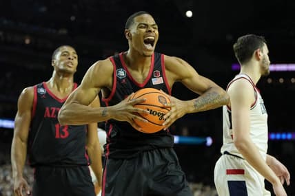 Apr 3, 2023; Houston, TX, USA; San Diego State Aztecs forward Keshad Johnson (0) reacts after a play against the Connecticut Huskies during the second half in the national championship game of the 2023 NCAA Tournament at NRG Stadium. Mandatory Credit: Bob Donnan-USA TODAY Sports
