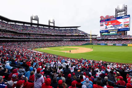 Apr 7, 2023; Philadelphia, Pennsylvania, USA; General view as Philadelphia Phillies shortstop Edmundo Sosa (33) hits a home run during the eighth inning against the Cincinnati Reds at Citizens Bank Park. Mandatory Credit: Bill Streicher-USA TODAY Sports