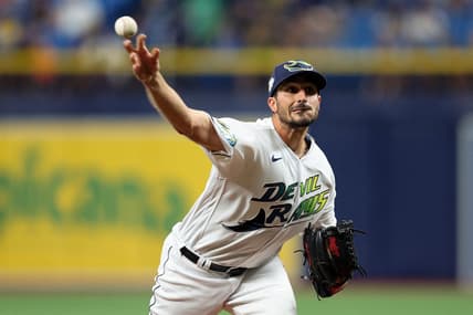 Apr 7, 2023; St. Petersburg, Florida, USA;  Tampa Bay Rays starting pitcher Zach Eflin (24) throws a pitch against the Oakland Athletics in the second inning at Tropicana Field. Mandatory Credit: Nathan Ray Seebeck-USA TODAY Sports