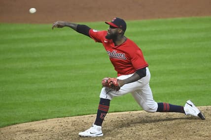 Apr 8, 2023; Cleveland, Ohio, USA; Cleveland Guardians relief pitcher Enyel De Los Santos (62) delivers a pitch in the eighth inning against the Seattle Mariners at Progressive Field. Mandatory Credit: David Richard-USA TODAY Sports