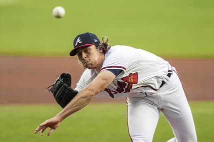 Apr 9, 2023; Cumberland, Georgia, USA; Atlanta Braves starting pitcher Dylan Dodd (46) pitches against the San Diego Padres during the first inning at Truist Park. Mandatory Credit: Dale Zanine-USA TODAY Sports