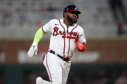 Apr 11, 2023; Atlanta, Georgia, USA; Atlanta Braves designated hitter Marcell Ozuna (20) runs to third against the Cincinnati Reds in the fourth inning at Truist Park. Mandatory Credit: Brett Davis-USA TODAY Sports